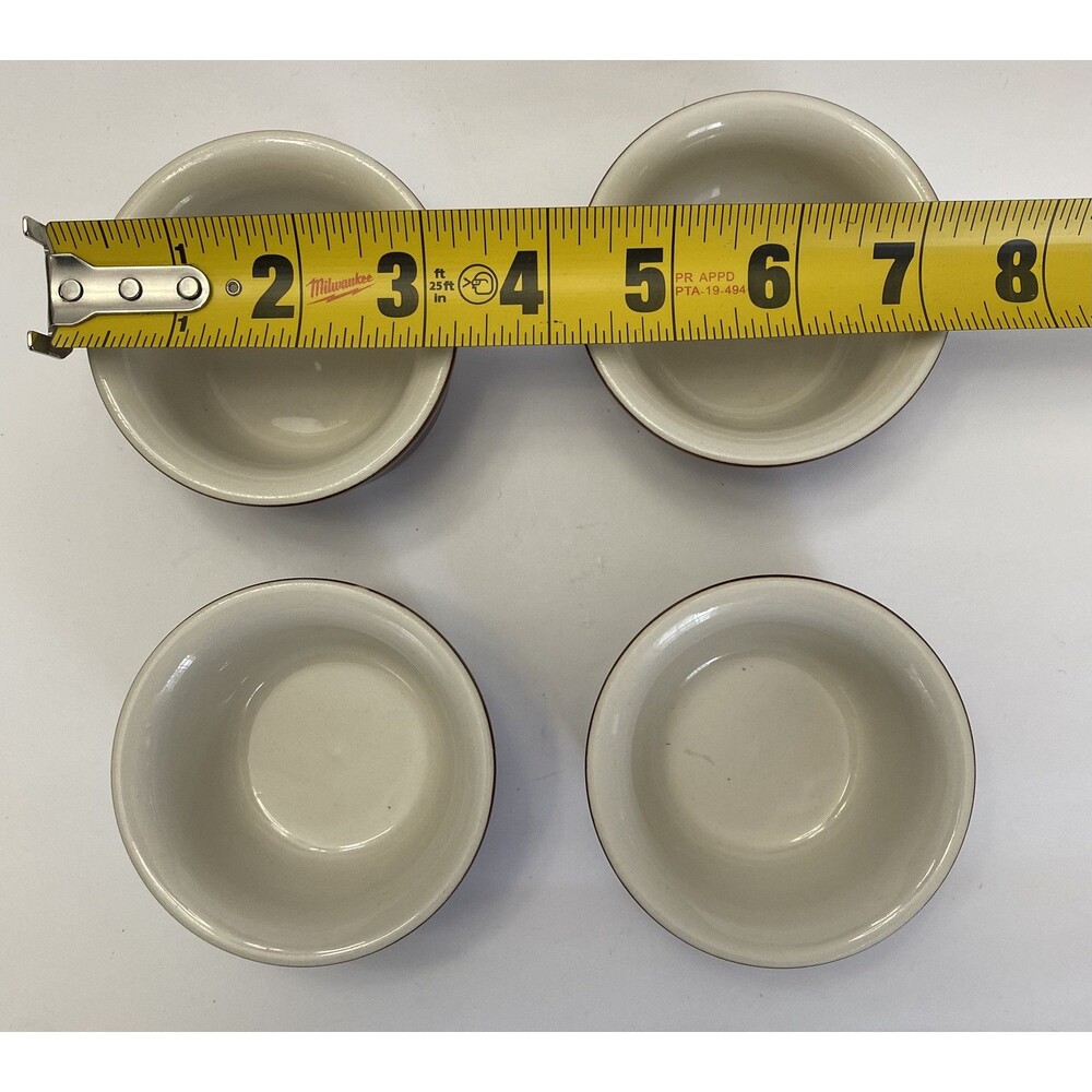New HALL USA Vintage Set of 4 White/Brown Oven Ware 3" Ceramic Bowls Souffle NOS - Picture 3 of 12
